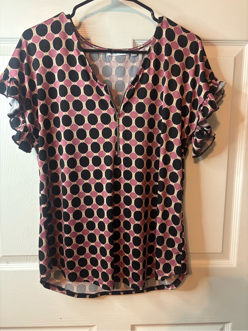 Notations Pink and Black Geo Dot Ruffle Sleeve Blouse